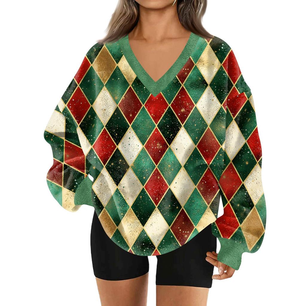 Women's Fashionable V-neck Christmas Printed Long Sleeved Casual Pullover Plush Warm Pocket Sweatshirt Top