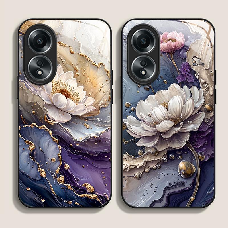 Luksusowe Etui ze Szkła Hartowanego z Kwiatowym Wzorem Marmuru Lotosowego na Telefon OPPO Realme 14 13 Pro Plus 12 11 10 Neo 3 X7 PRO C75 C67