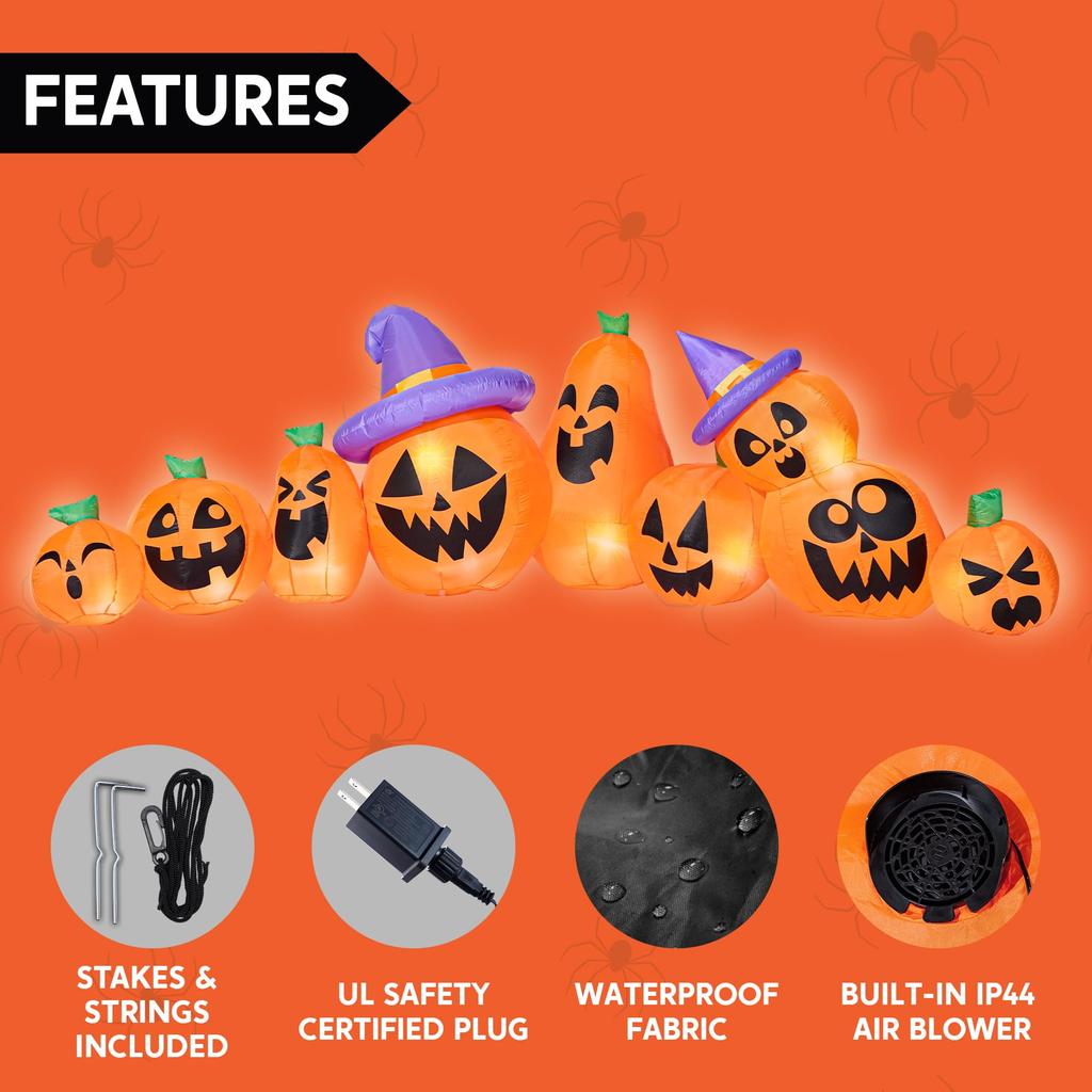 Joyfy 12.5 FT Halloween Inflatable Long Pumpkin with Witch Hat Decorations Inflatables with Build-in LEDs for Halloween Decor