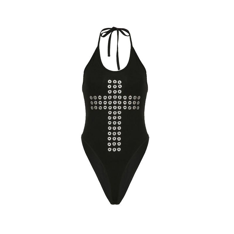 

Kkx Американский винтаж Гяру Ветер Уличный панк Крест Металл Круглое отверстие Заклепка Подвеска на шею Слинг Цельный топ Black L