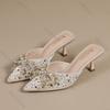 Women's 2026 Spring Summer New Rhinestone Bow Half Slippers High Heels Pointed Toe Temperament Women Shoes Fashion Mules Slides