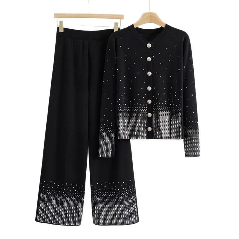 Long-sleeved Knitted Cardigan and Fashionable Wide-leg Pants Two-piece Set for Women's Autumn Casual Wide-leg Pants