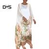 Vestido de mujer de otoño y primavera con estampado floral de gran tamaño, color a juego, tipo túnica, mangas largas de murciélago, cuello redondo, dobladillo irregular, vestido maxi para fiestas y citas