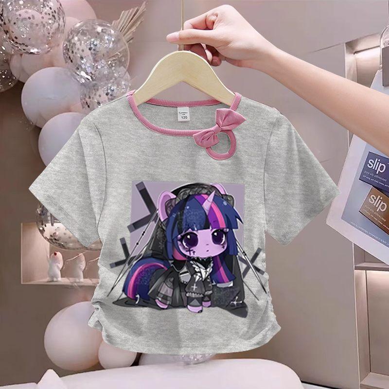 Girls' Fashionable Bow Tie Top for Summer, Children's Round-neck Short-sleeved Pure Cotton T-shirt