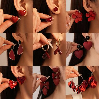 Autumn and Winter Retro Ankara Red Love Flower Geometric Silver Needle Earrings Simple Earrings