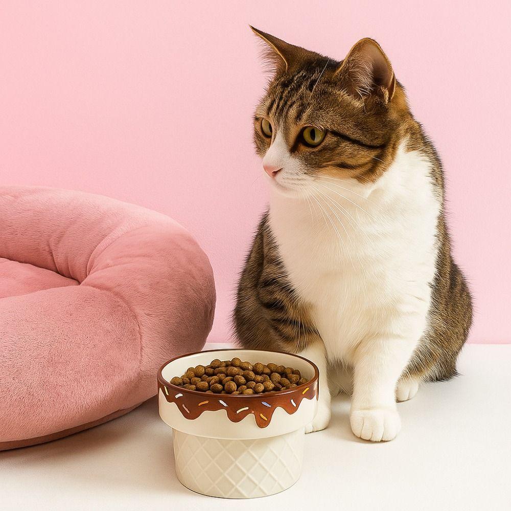 Ice Cream Shape Ceramic Cat Bowl High Foot Protection Flat Bottomed Elevated Cat Bowl Non Slip Large Diameter Cat Food Bowl
