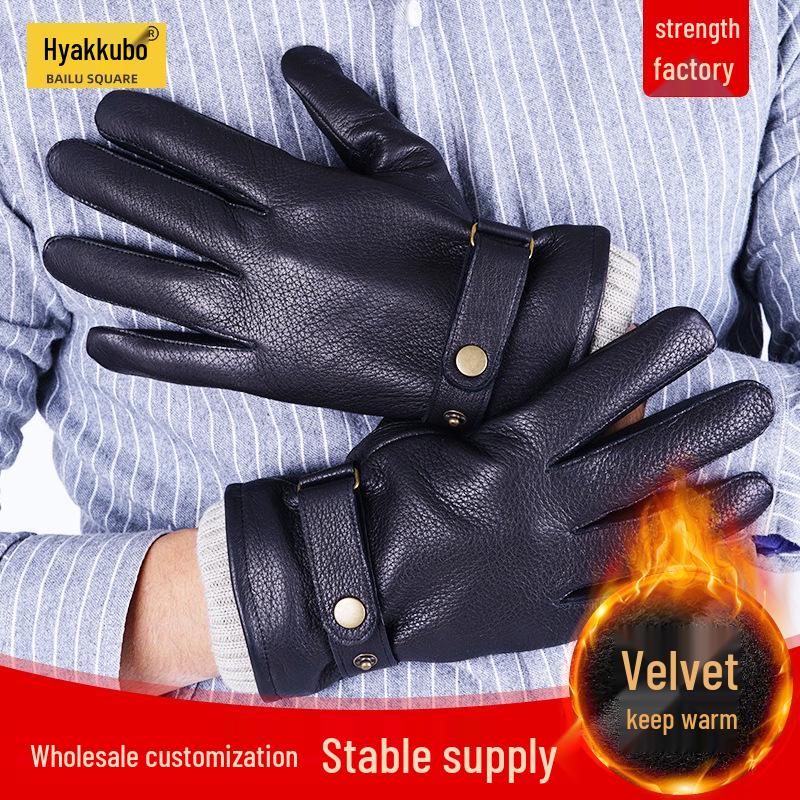 Men s Deerskin Retro Business Outdoor Cycling Black Leather Gloves Medium