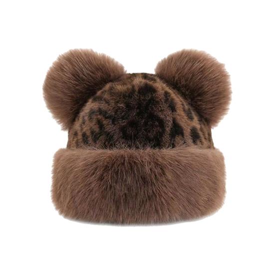 Winter Hat Retro Style Leopard Print Plush Trim Windproof Hat Bear Ear Decor Thickened Warm Women Hat