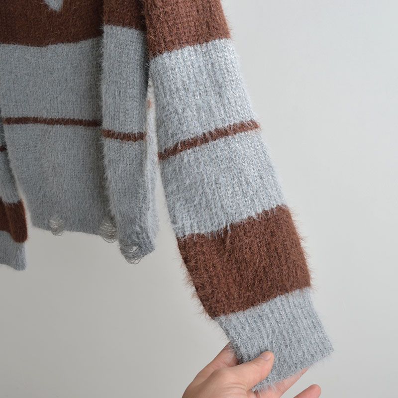 Fall and Winter Mixed Color Stripe V Neck Pullover Knitwear Women's Clothing Idle Style Loose Soft Glutinous Long Sleeves Sweater Outer Tops