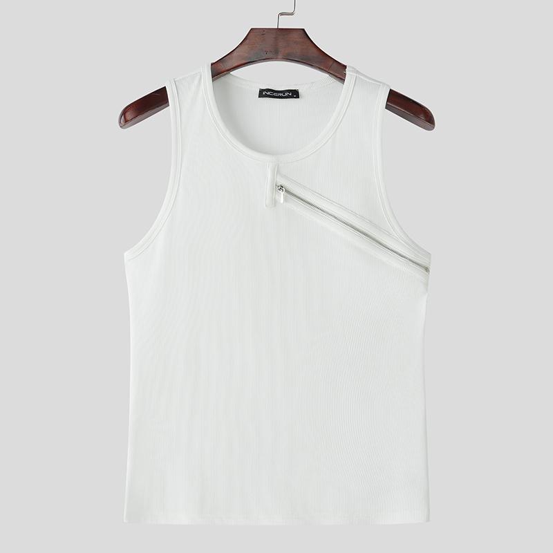INCERUN Herren Rundhals Ärmellos Reißverschluss Lässig Gerippt Gestreift Tanktops