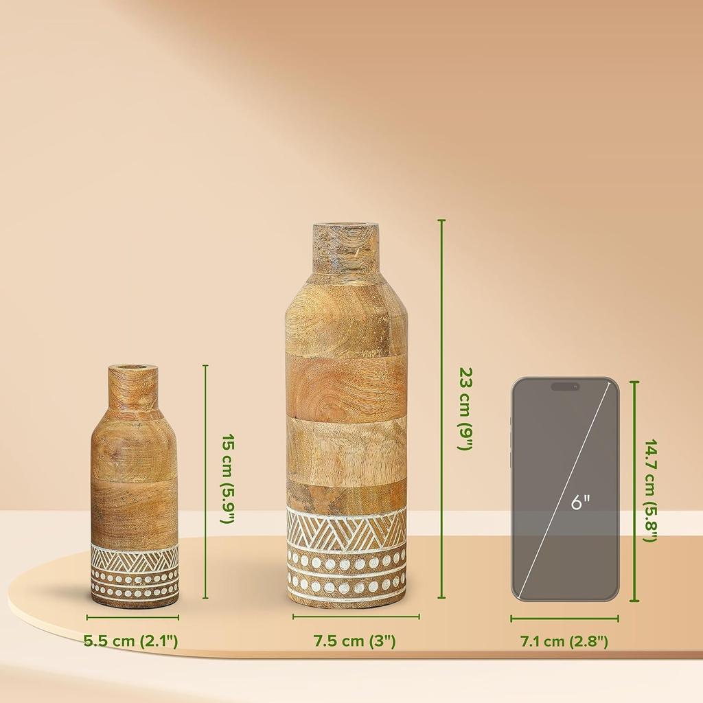 Набор деревянных ваз для цветов (2 шт), Boho Engraved Design Wooden Flower Vase Set of 2,  Behoma
