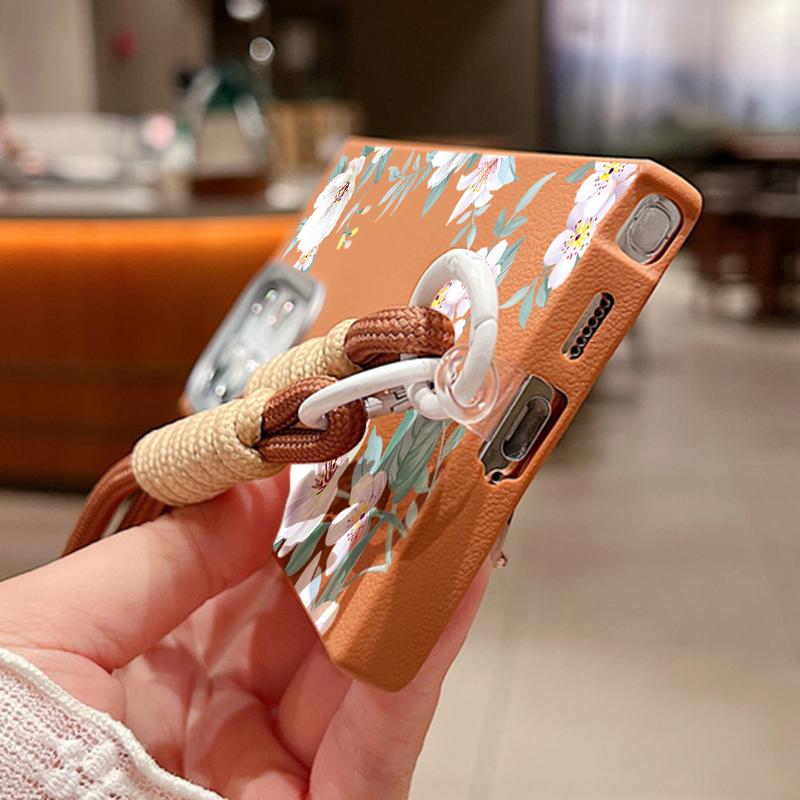 For Samsung S25 Ultra S24 FE S23 S22 A16 A56 A36 A55 A26 A35 Case Flower Pattern Slim Shockproof Matte Leather Texture TPU Soft Lanyard Phone Cover