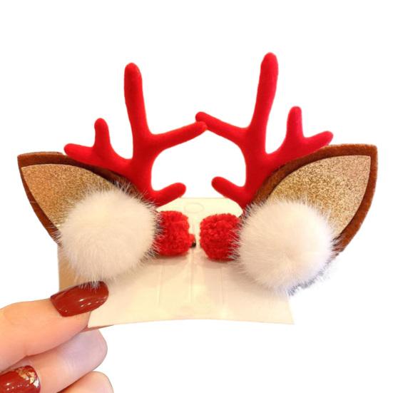 1 Paar Damen-Haarnadeln, Cartoon-Ohrgeweih-Dekor, rutschfest, rostfrei, leicht, Plüsch-Kugel-Dekor, Weihnachtsstil, Neujahr, festliches Mädchen-Geschenk, Haarspangen