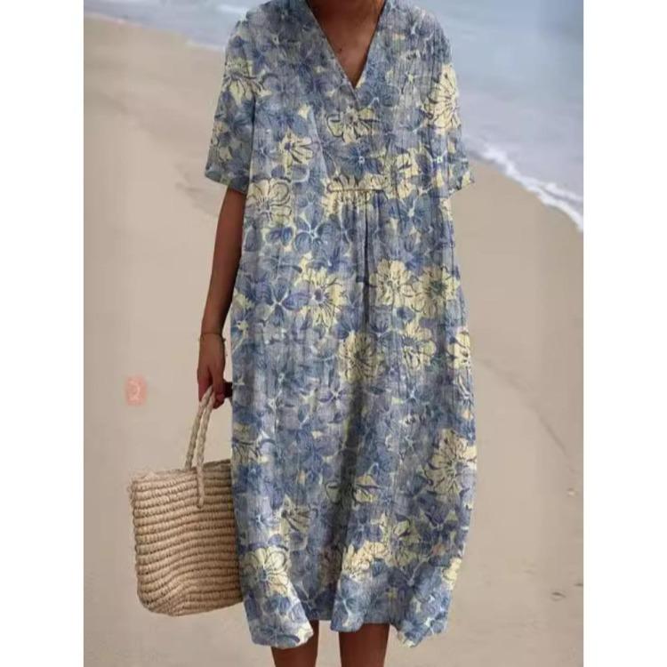 Women Floral Print Maxi Dress Colorful V Neck Short Sleeve Loose Casual Summer Beach Dress Vacation Workout Wear