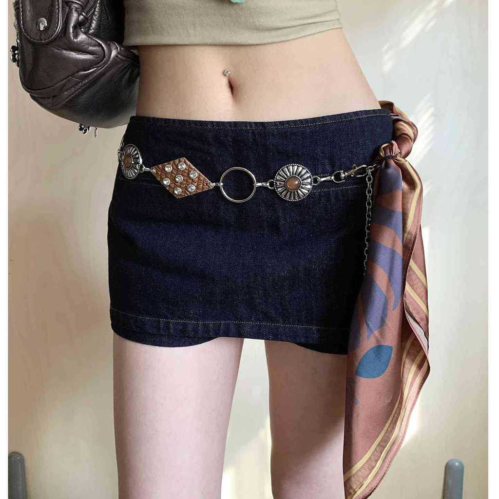 Beaded Waist Belt With Metal Chain And Silk Scarf For Daily Fashion