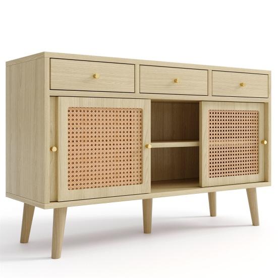 Mobile Organizzatore ad Ampio Spazio, Credenza, Cassettiera con 3 e Ante Scorrevoli, Intreccio in Rattan sulle Ante, Gambe in Legno Massello,