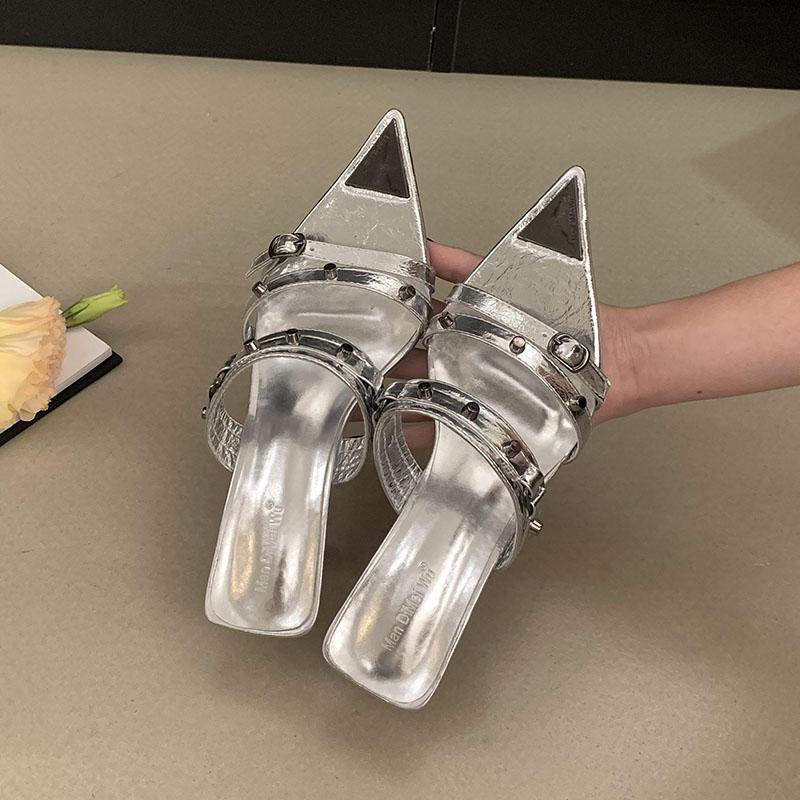 Fashion New 2025 Fashion Rivet Women Pumps Heels Shoes Female Slip On Footwear Pointed Toe Ladies High Heels Slides Sandals Shoes