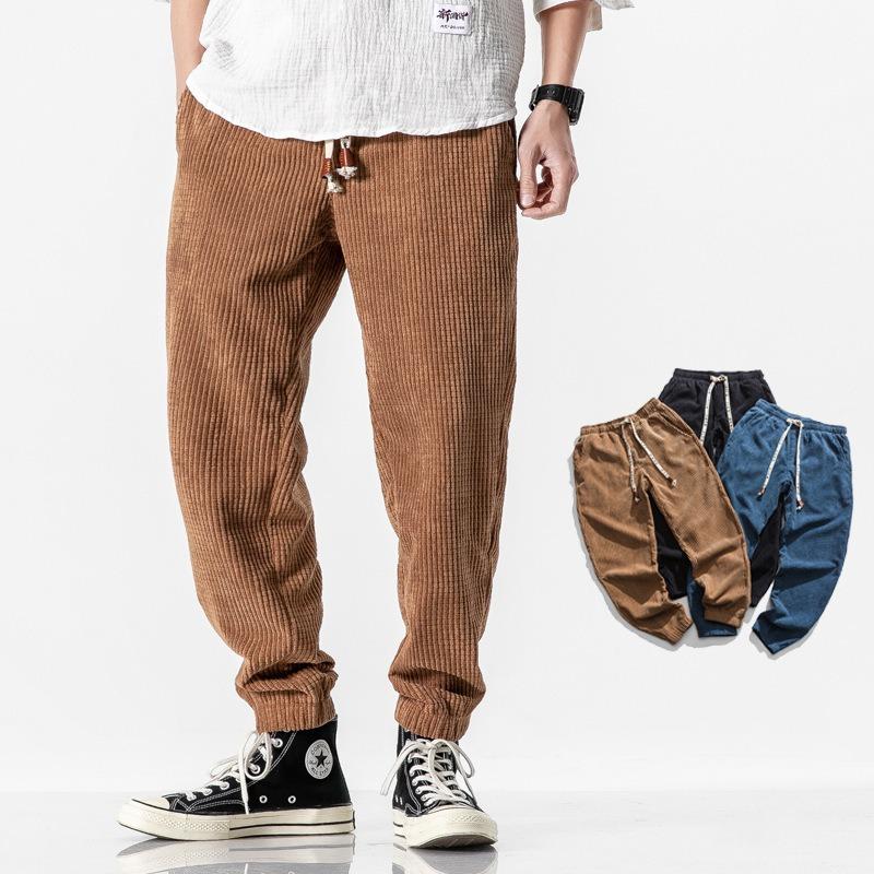 Einfarbige Vintage Japanisch Chinesischer Stil Herren Cord Harem Lässige Lange Hosen