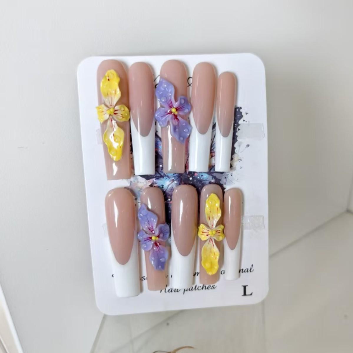 Handmade Super Long Floral French False Nails - Sweet & Cool Style Extra Small