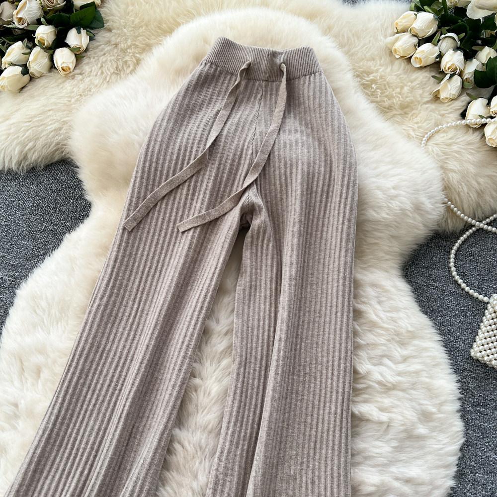 Herbst Winter Damen Lässiger Stil Gestrickter Pullover Kordelzug Weites Bein Hausanzug Hose