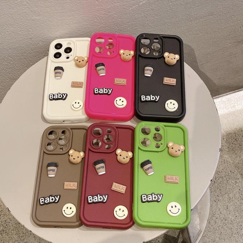 iPhone 16 Pro Kaffeebär Schleifpapier Weiche Hülle - Kompatibel mit Apple 13/15 Hohes Bambus Feines Loch Stereo Schutzhülle