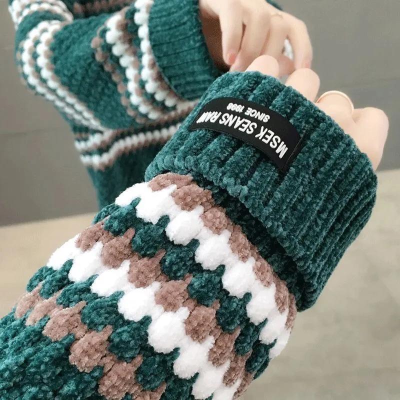 Chenille-Strickpullover für Damen, Stehkragen, langärmelig, lässig, lockerer Pullover, Herbst/Winter, dicker, warmer Pullover