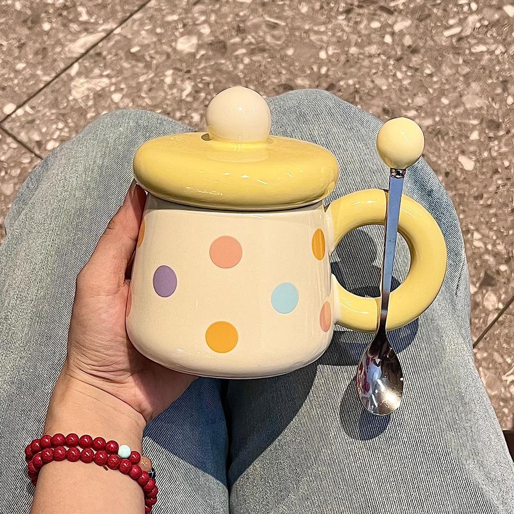 Chubby Mug with Lid Spoon Ceramic Mug Large Capacity Water Cup Couple Home Coffee Breakfast Cup Souvenir