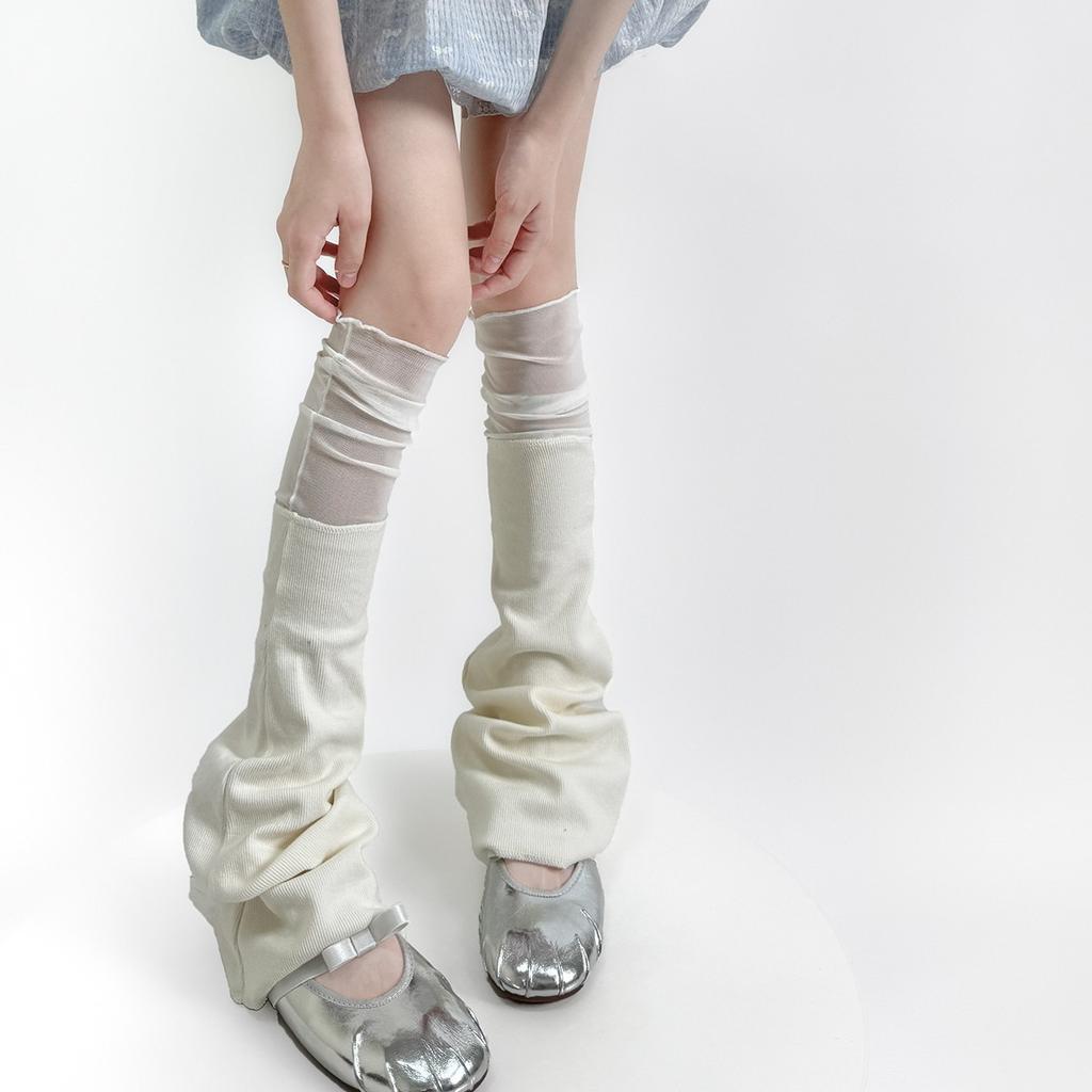 Scaldamuscoli in Rete Splicing Stile Giapponese Primavera Autunno Grigio Chiaro Lavorati a Maglia Copripiedi a Corno Colore Solido Calze Lunghe da Donna Ragazza