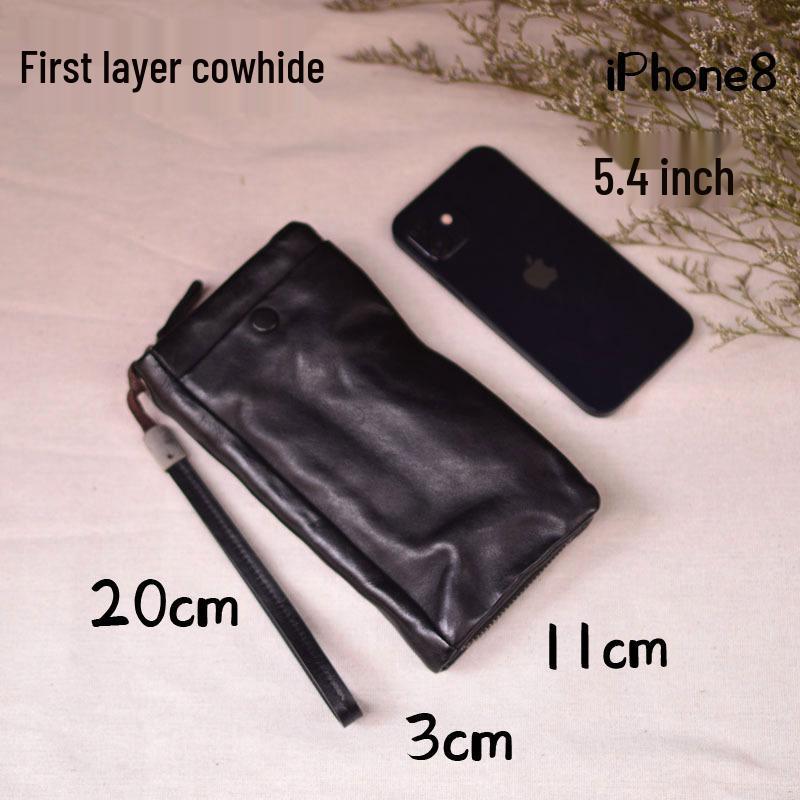 Retro Pleated Genuine Leather Long Wallet with Card Slots and Bill Compartments