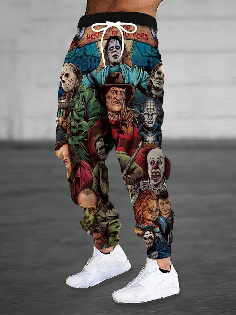 Pantaloni Jogger cu Imprimeu pentru Bărbați cu Design Dragon Chinezesc Alb și Gri, Pantaloni de Trening Casual Streetwear
