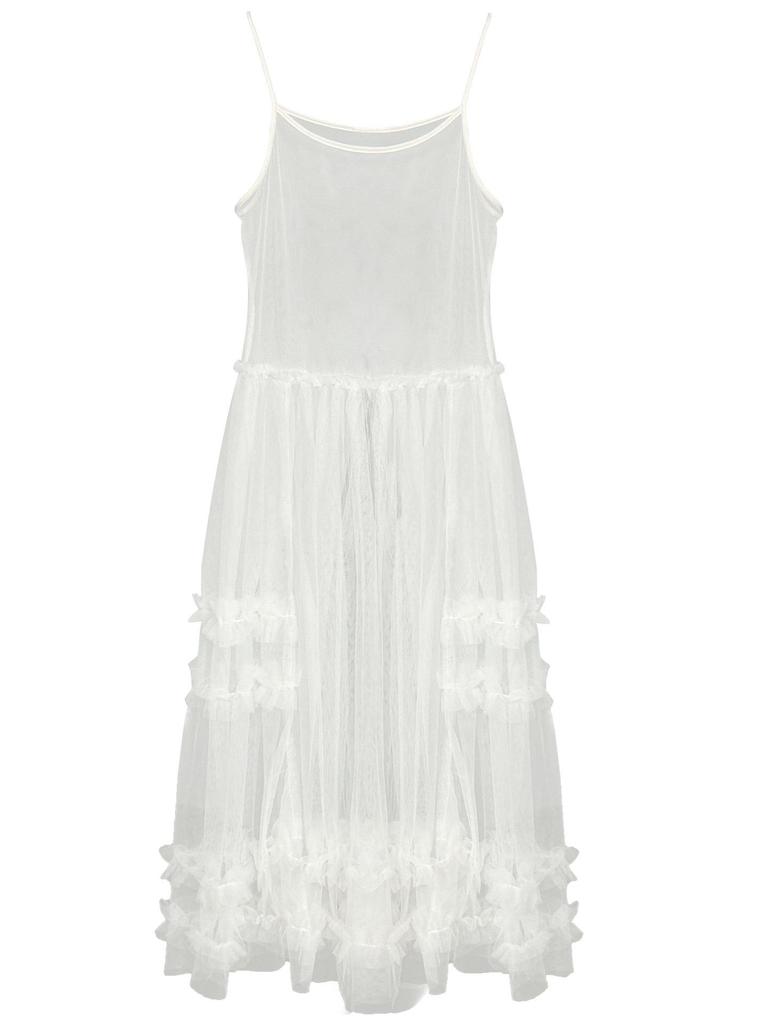 LUXI Korean Sweet Mesh See-Through Camisole Dress with Layered Blouse & Lace Long Skirt