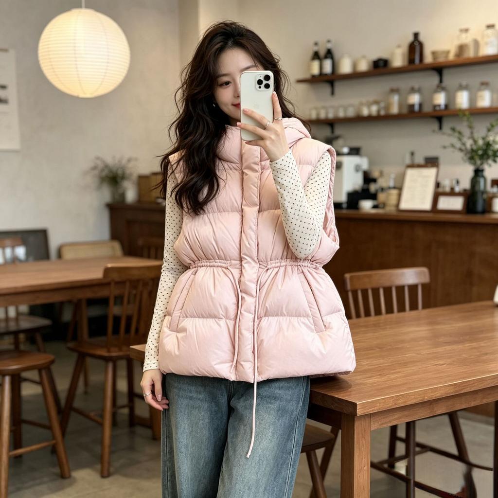European winter new down cotton drawstring cotton vest women's medium and long warm waist slim vest jacket