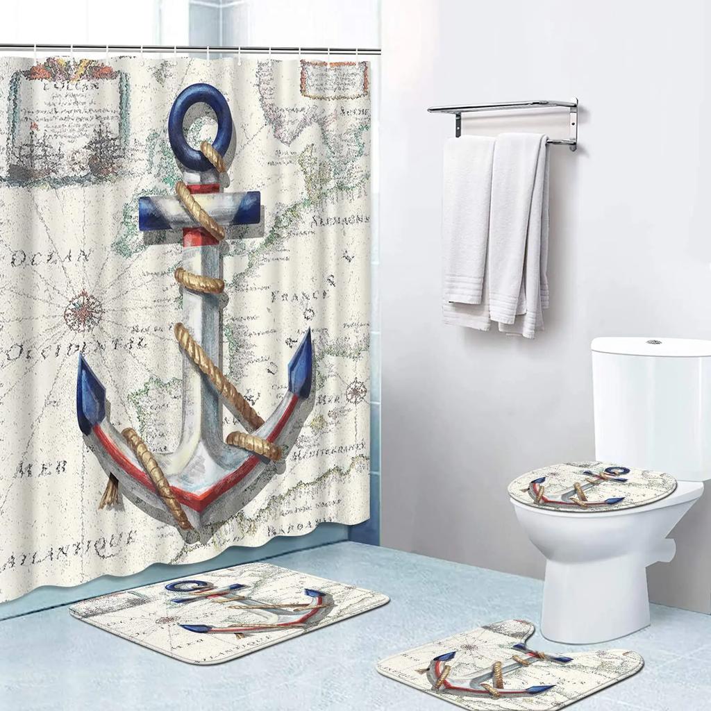 Anchor Shower Curtain Sets Non-Slip Rug Toilet Lid Cover Bath Mat Nautical Anchor Rustic Wood Waterproof Bathroom Curtains Set
