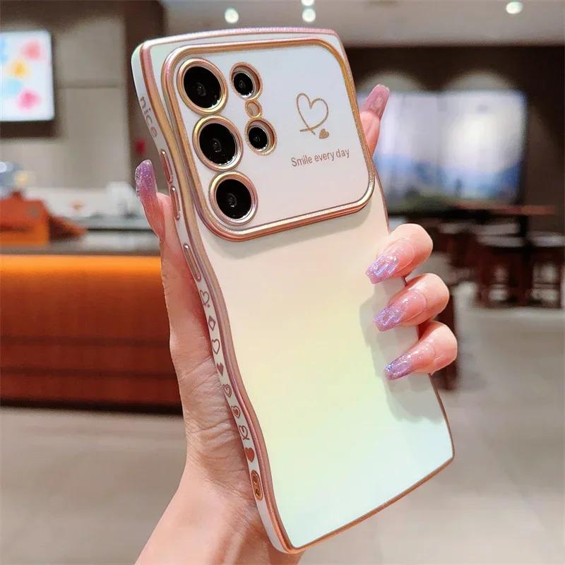 Colorful Love Heart Case For Samsung Galaxy S25 S24 S23 FE S22 Plus Ultra Shockproof Soft TPU Electroplated Wave Back Cover