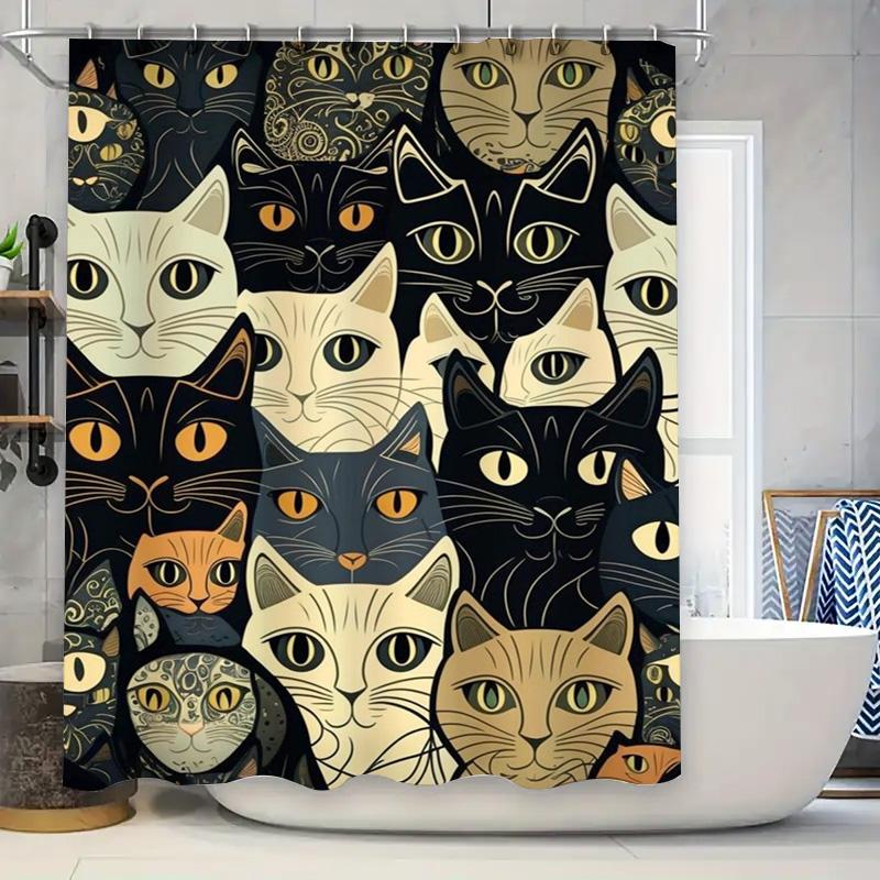 Charming Cats Shower Curtain Black White with Yellow Accents Pattern Decorative Bath Linen Waterproof Fabric Various Sizes Avail