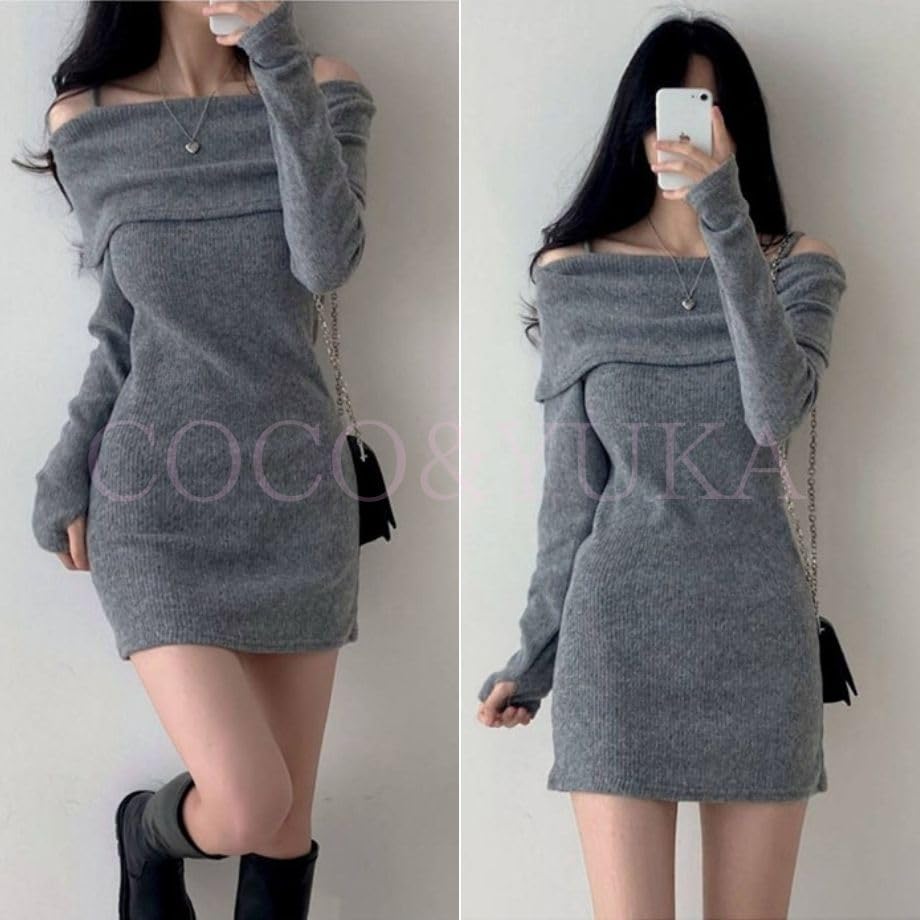 Coco Yuka Knit Tight Mini Sexy Tunic Dress with Long with Shoulder Straps Size & Off-the-Shoulder Dress, Sleeves, Off-the-Shoulder, Cute, Women's,