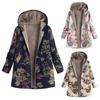 Women Fleece Lining Winter Hooded Coat Floral Leaf Print Long Sleeve