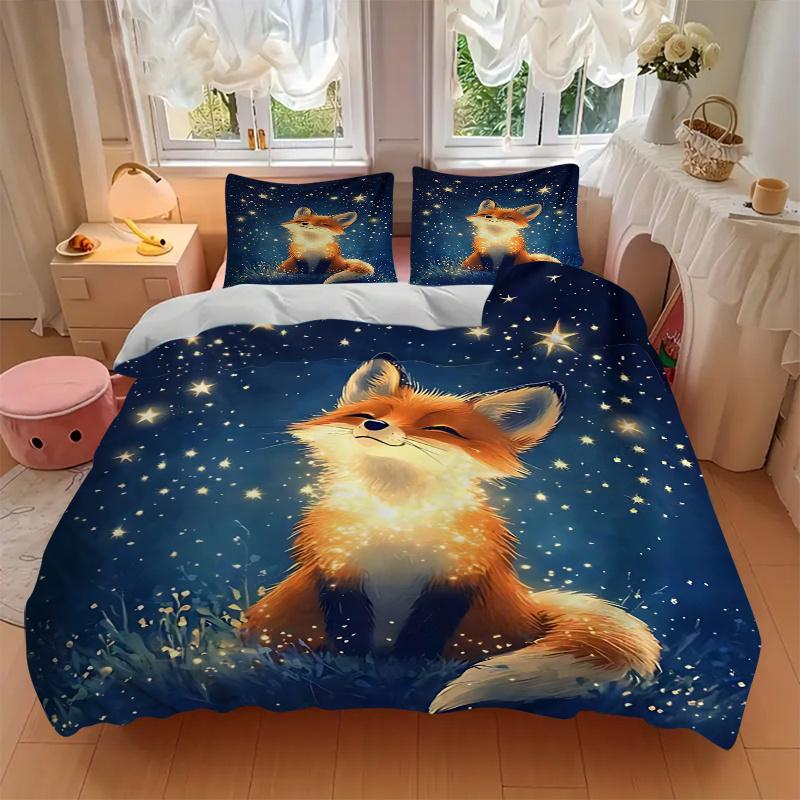 3pcs Enchanted Fox Gazing At Starry Night Sky Quilt Set, Soft and Comfortable Bedroom