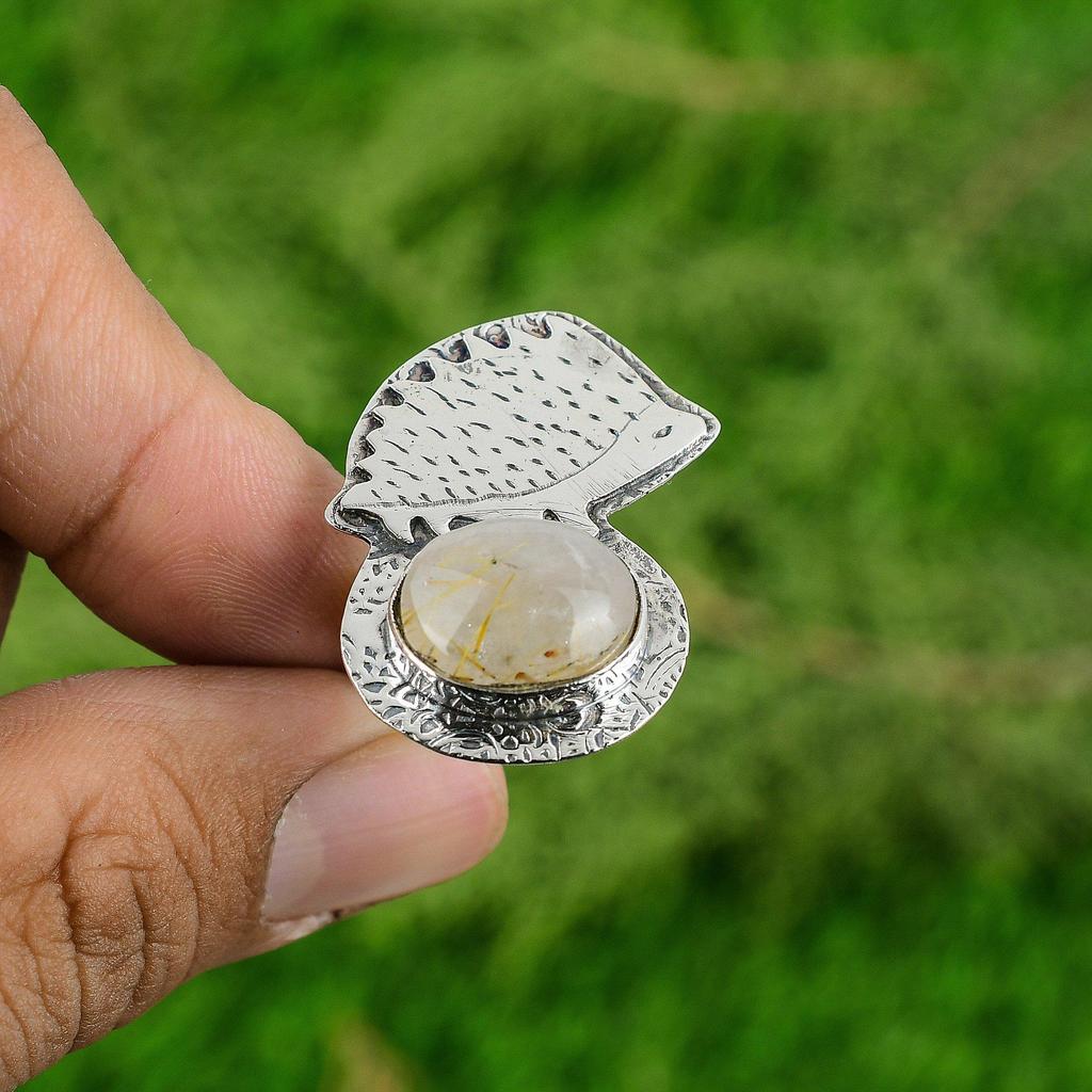 Oval Golden Rutile Gemstone Sterling Silver Bezel Boho Stackable Statement Ring