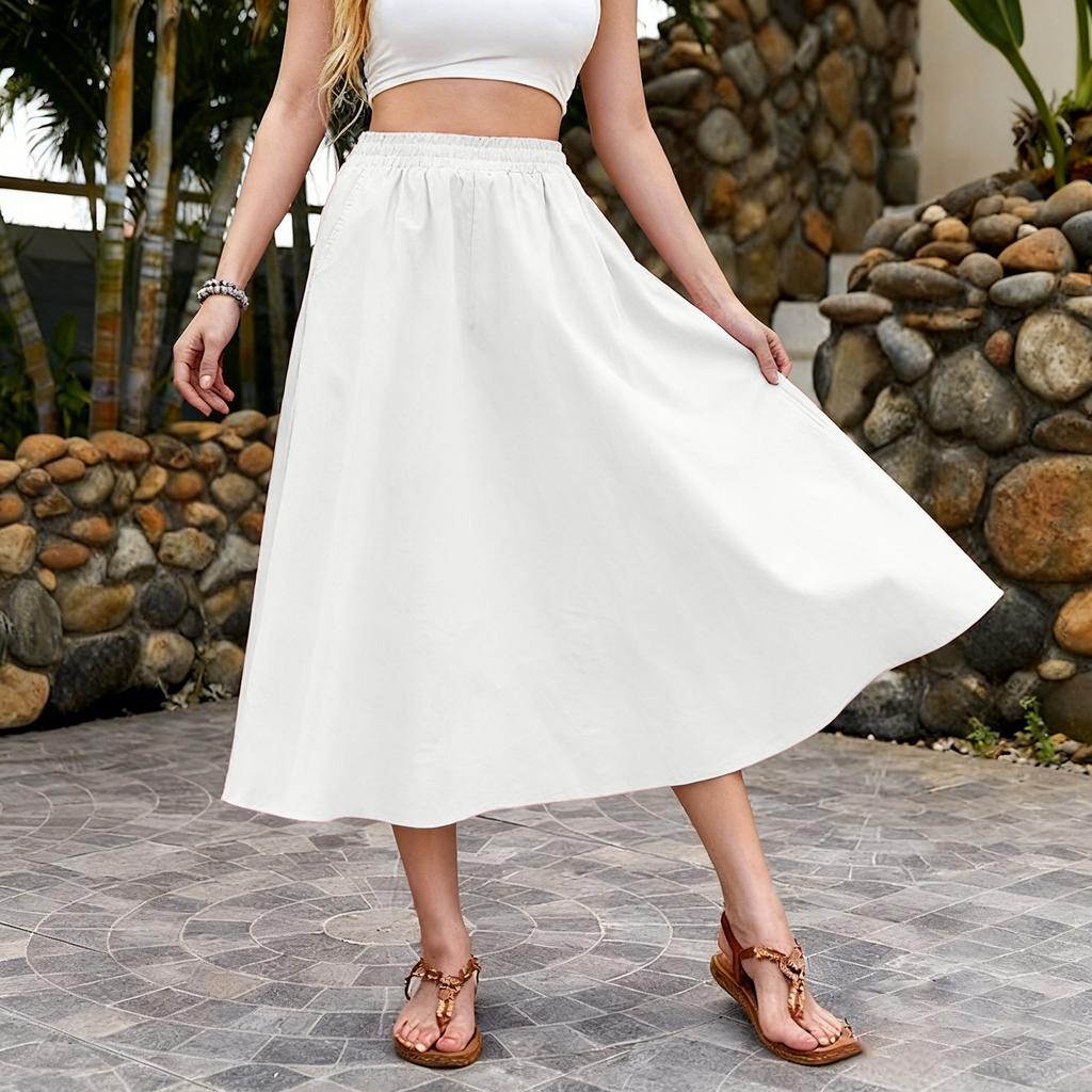 Damen High Waist A-Linien Midi-Rock mit elastischem Bund und Seitentaschen, lässiger lockerer Schnitt, fließender Rock für den Alltag