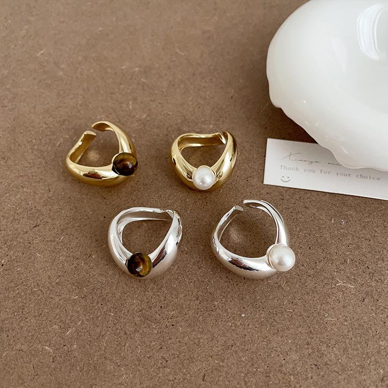 Design Sense Irregular Metal Pearl Tiger'S Eye Stone Open Ring Women'S Exaggerated Personality Fashion Versatile Ring Ring