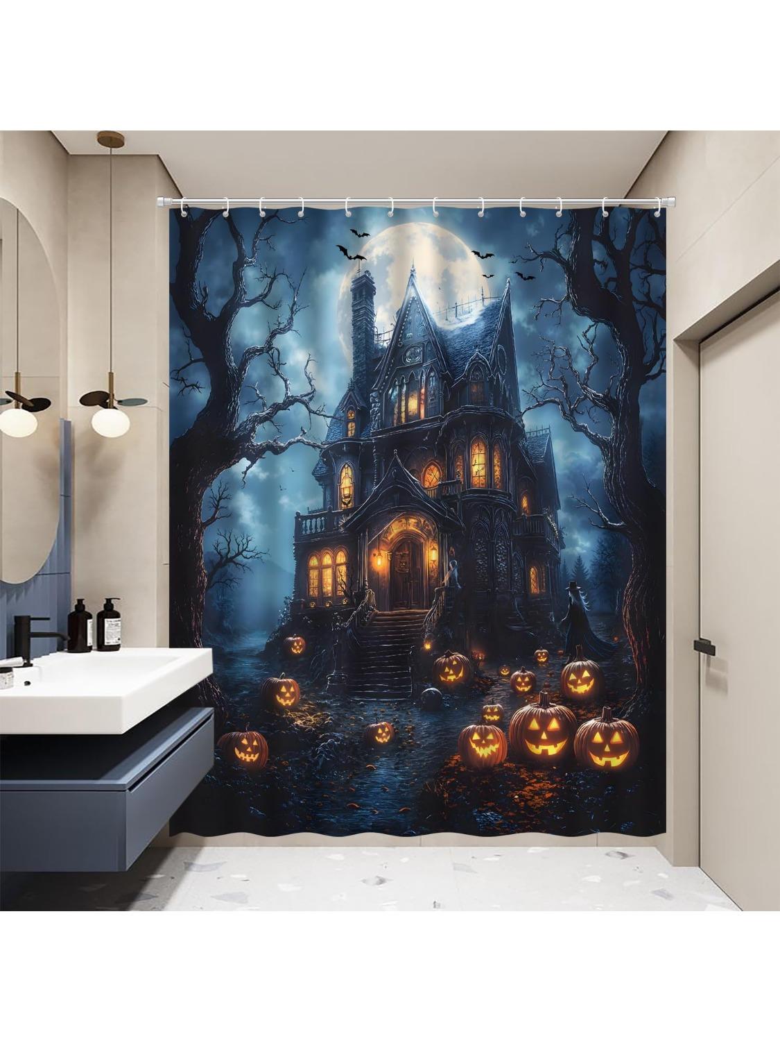 Spooky Castle Halloween Shower Curtain Gothic Haunted House Pumpkin Crow Bat Dead Tree Full Moon Forest Night Halloween Bathroom 90x180CM