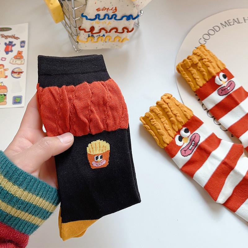 Fries Socks Rainbow Design Cute Female Cartoon Autumn/Winter Mid Tube Socks Stacking Socks Creative Funny Trendy Fashion Cotton Socks Don't Mess Up