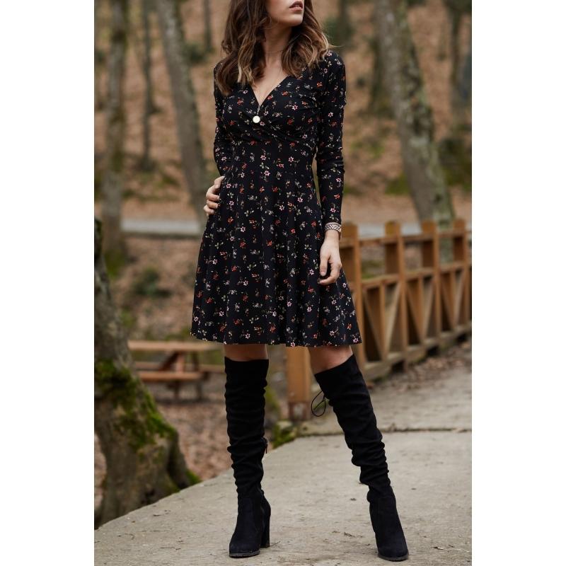 Floral Patterned Double Breasted Long Sleeve Short Dress