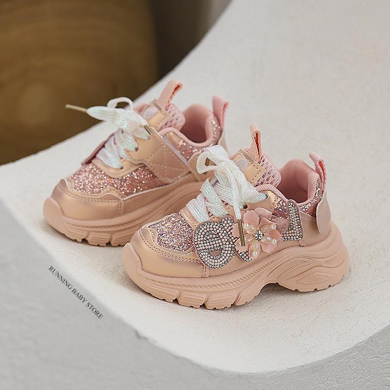 

Rhinestone Appliques Children Sneaker for Kids Girl Shining Glitter Princss Chunky Sneakers Floral New Hiking Shoes Child I08068 21 розовый