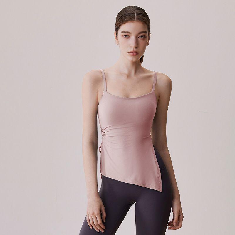 

Summer Nude Feel Single Side Ruched Yoga Jacket Female Slim-Fitting Suspenders Vest Slit on Both Sides Integrated Sports Intimates Pink XL