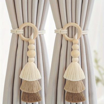 2 Stück Böhmische Handgefertigte Quasten-Raffhalter mit Holzperlen - Polyester, Moderner Boho-Stil Fenster-Draperie-Halter für Heimdekor