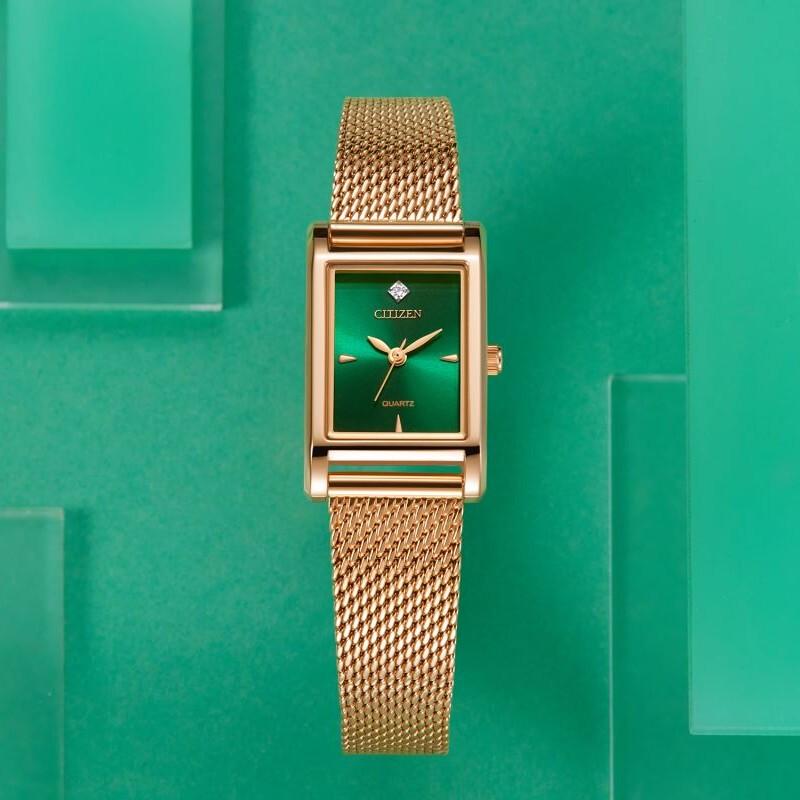Dámské čtvercové hodinky CITIZEN Juicy Tint Quartz se zeleným ciferníkem