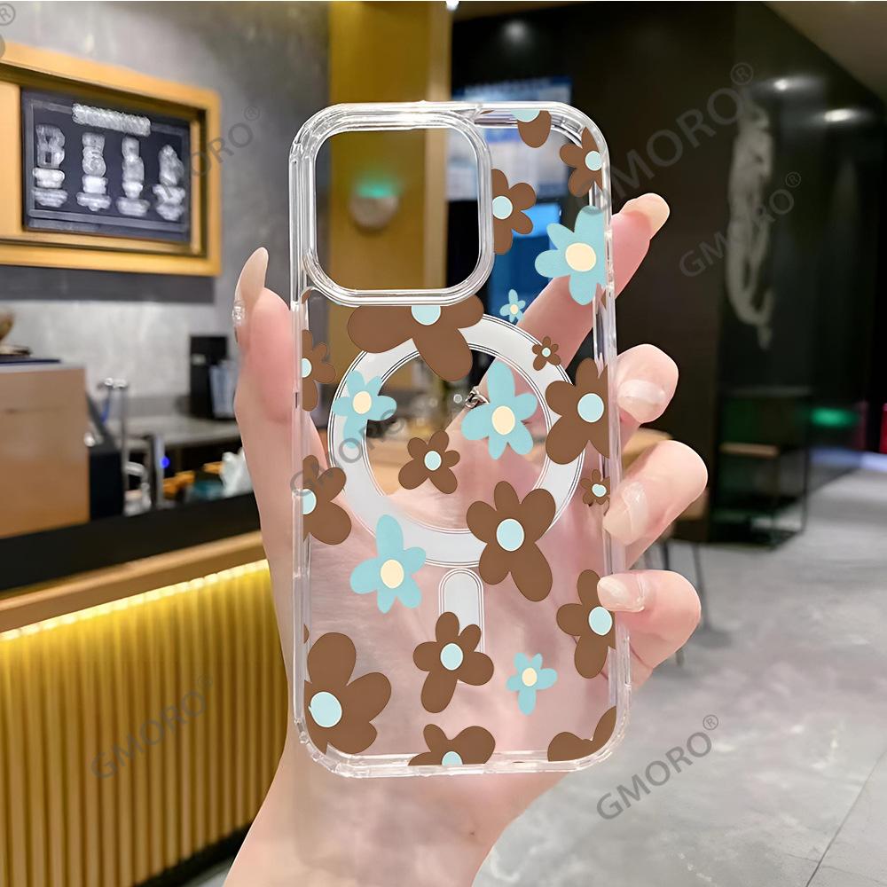Korean Retro Contrasting Color Flower Mobile Phone Case iPhone12 Transparent Magnetic Mobile Phone Case Apple 17 Premium Sense