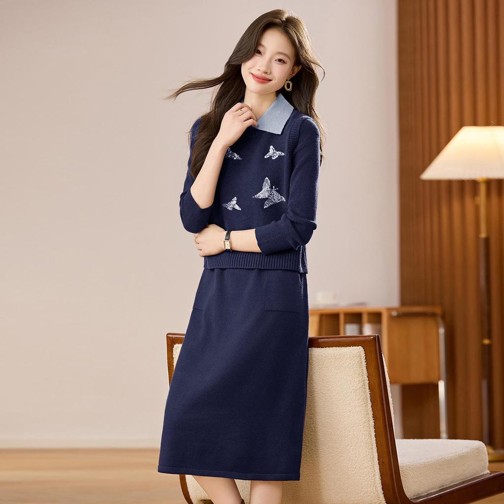 Damski dzianinowy zestaw dwuczęściowy: Kamizelka z okrągłym dekoltem i kardigan o średniej długości z długim rękawem Sukienka wełniana